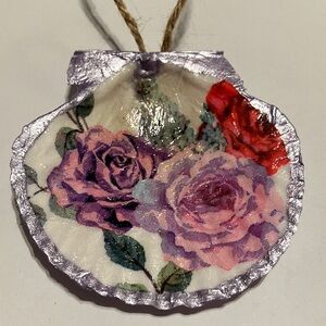 Handcrafted Shell Ornament Floral Purple Decoupage